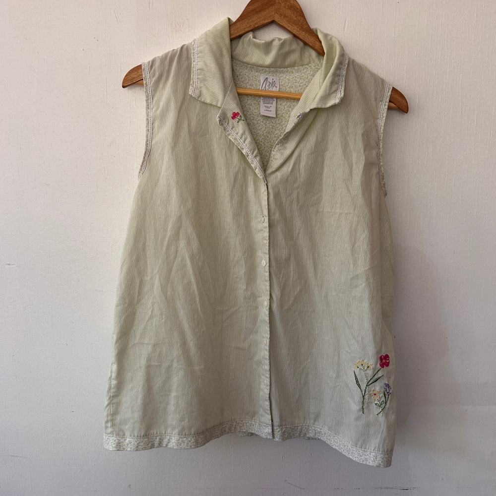 Aria Sleeveless Top Women Large Green Pinstripe Floral Embroidered Cottagecore